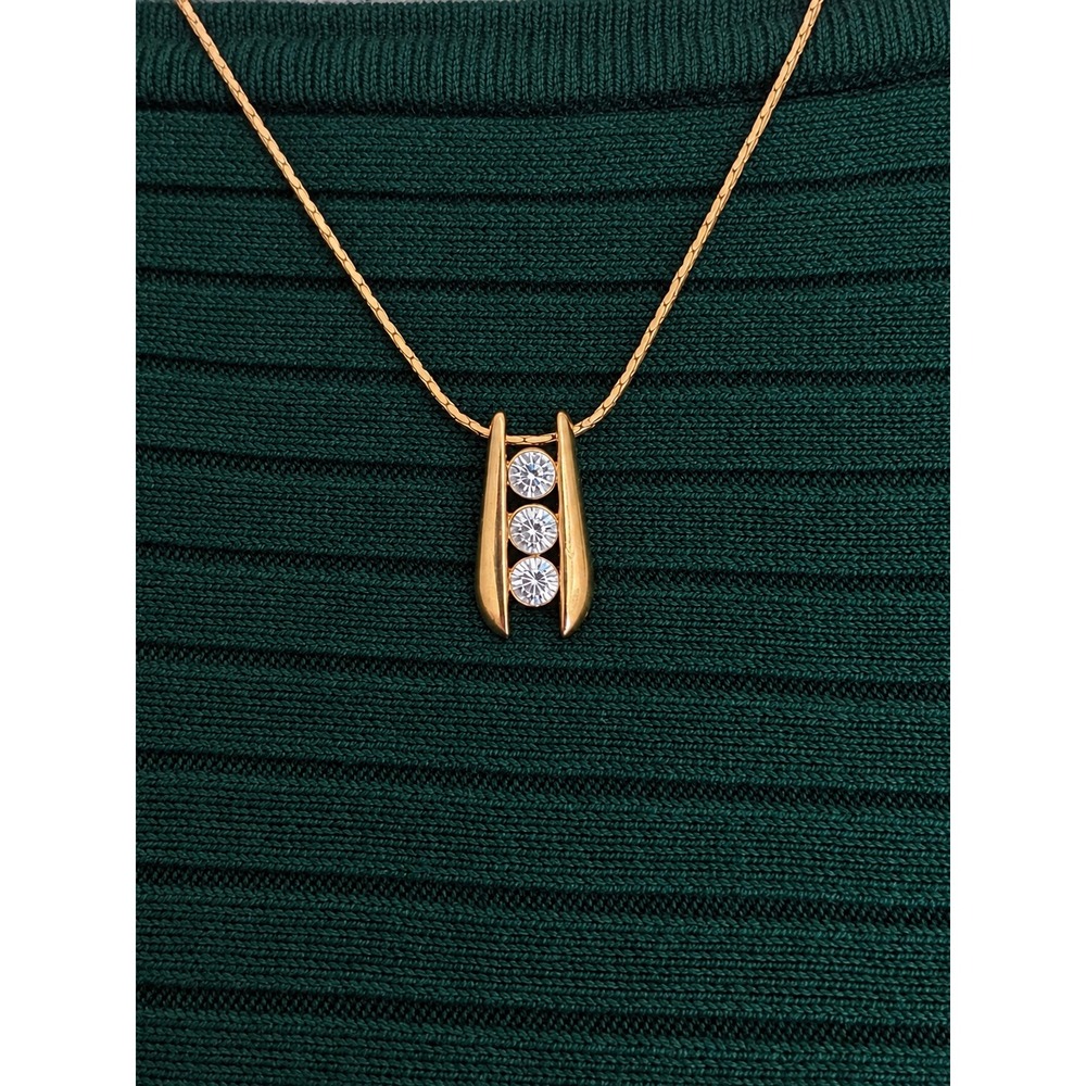 Vintage Gold Tone Necklace 3 Clear Rhinestone Modernist Pendant Costume Jewelry